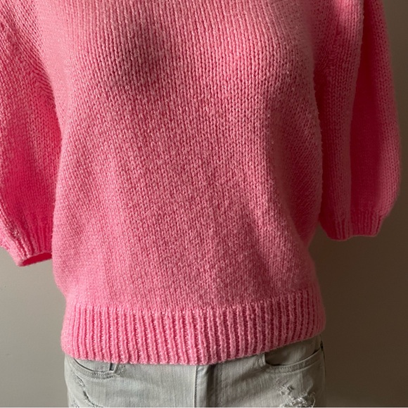 Handmade Vintage Bubblegum Pink Knit Polo Sweater Puff Sleeve Retro Size XL - Picture 6 of 7